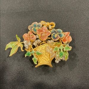 Floral Basket Brooch with Multicolor Enamel